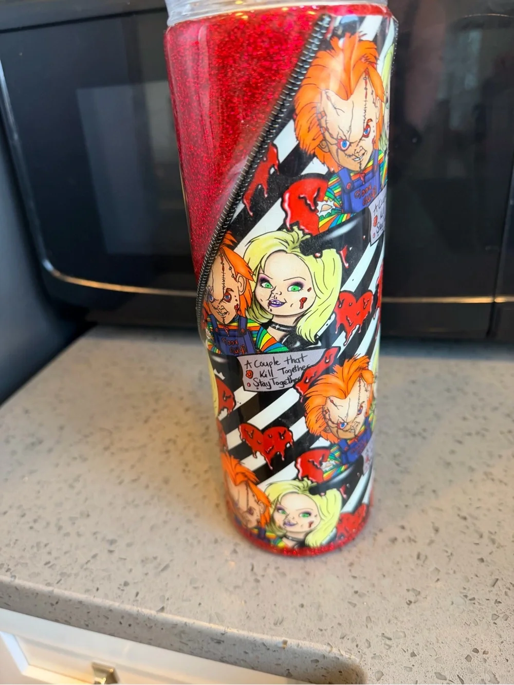 Red Glitter Horror-Themed Party Tumbler with Character Print